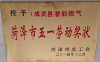 成武县云顶集团3118燃气有限公司获得2014年度“菏泽市五一劳动奖状”及“菏泽市学习型组织标兵单位”称号